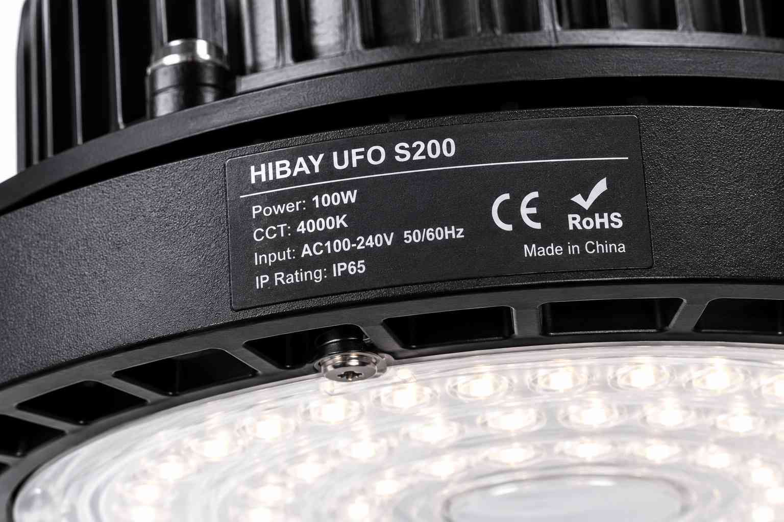 BRI-LED HIBAY UFO S200 - certifikace CE RoHS, výrobní štítek